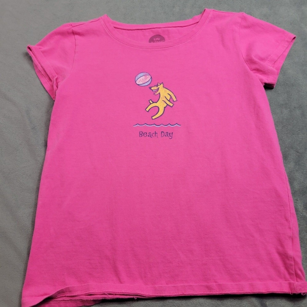 Life Is Good Shirt Girls 12 Pink Dog Graphic Softest Crew Neck 100% Cotton Tee